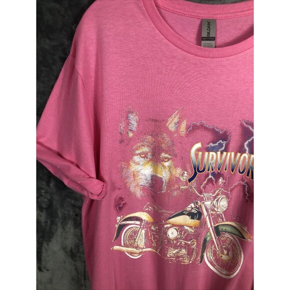 Woman's Biker Shirt Survivors Pink Graphic Tee With Wolf & Motorcycle Design - Picture 3 of 7